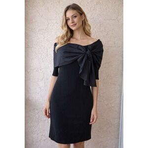 Kevan Hall Black Off Shoulder Bow Dress Sz 8 Elegant Cocktail Sheath Knee Length